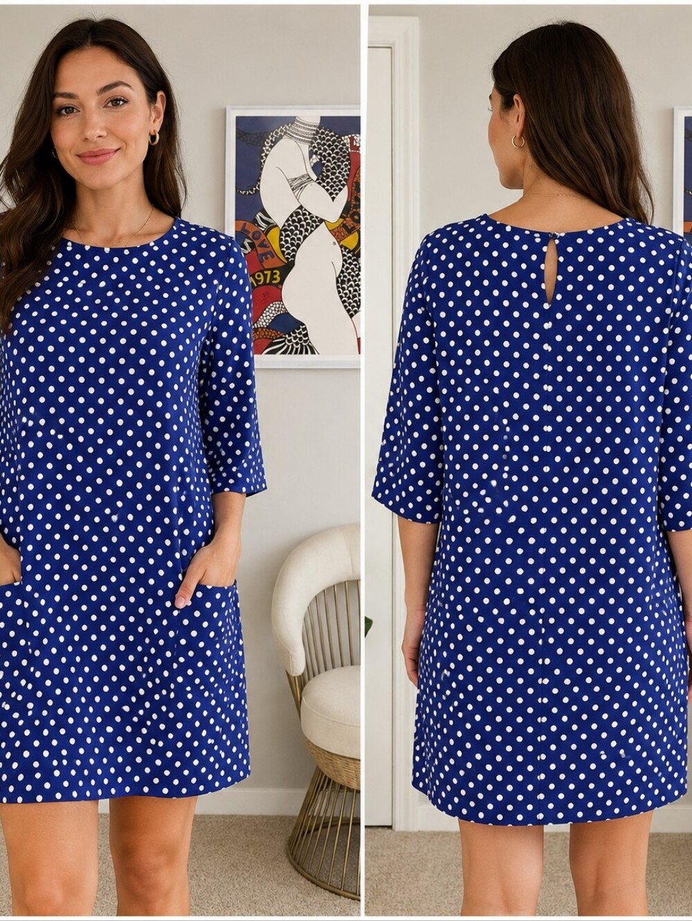 Equipment Femme Aubrey Blue White Polka Dot Silk Shift Dress Size M
